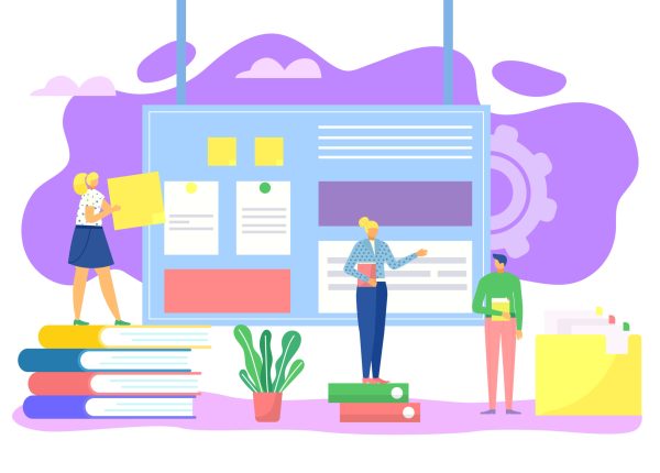 Work proccess, business technology concept vector illustration, working place. Success in job office, workers with books and timetable, corporate professional project. Multitask app.